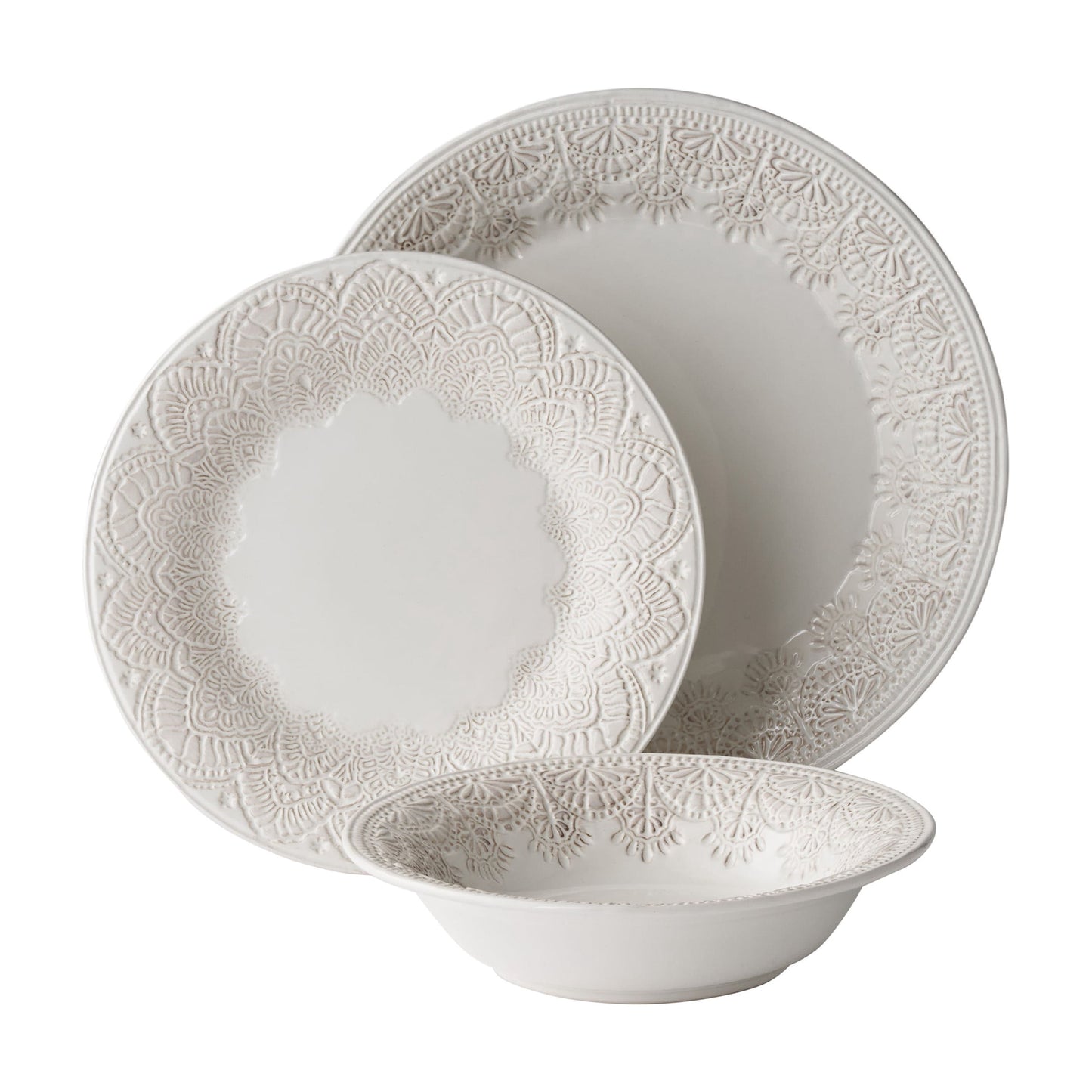 The Pioneer Woman Vintage Lace 12-Piece Ceramic Dinnerware Set, Linen