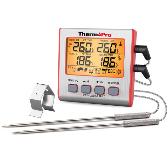 ThermoPro TP17W Gran LCD RetroiluminaciÃ³n Parrilla TermÃ³metro para Alimentos con Doble Sonda Modo Temporizador para Horno Parrilla Ahumador Barbacoa