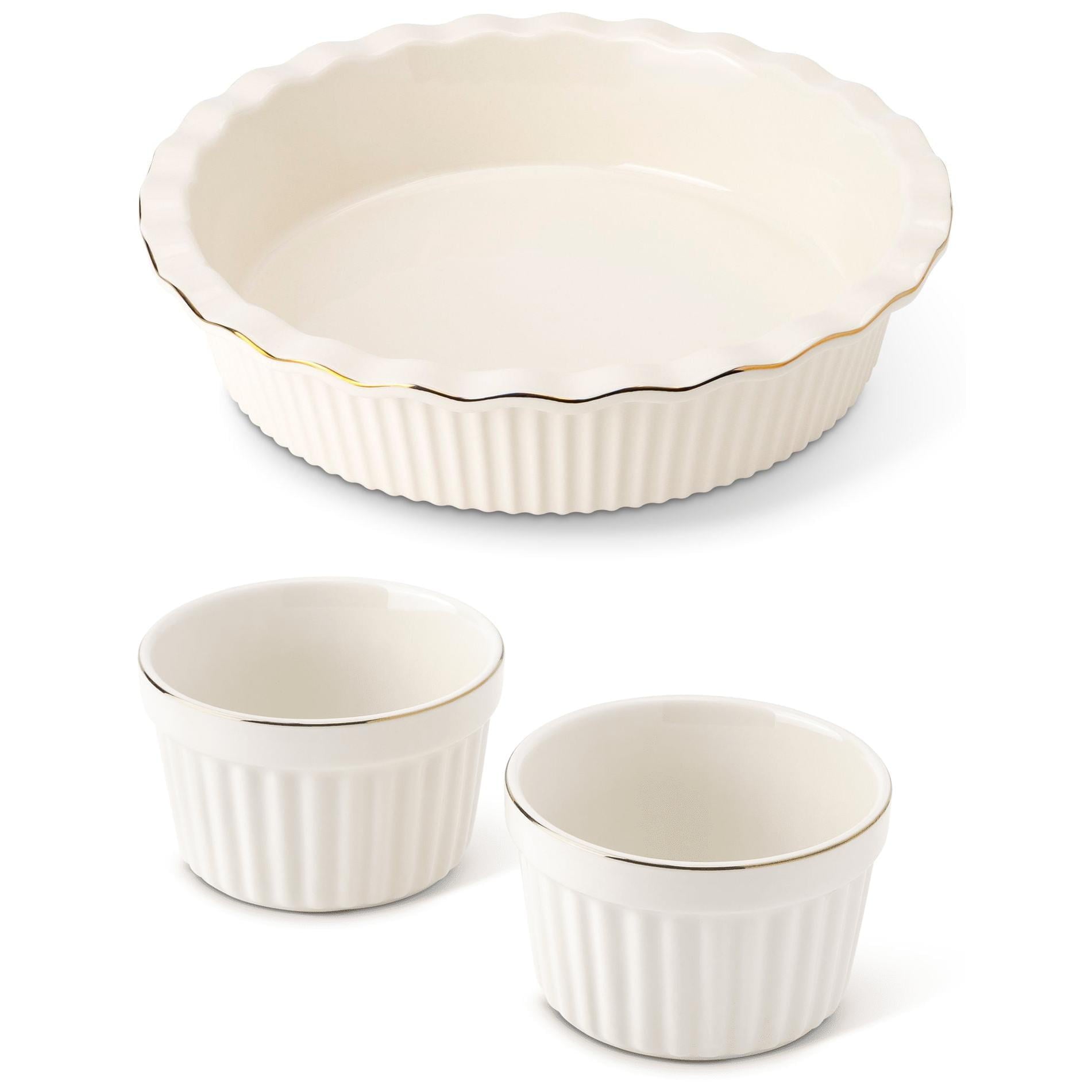 Thyme & Table Pie Dish and 2-Piece Ramekin Set, White Ribbed Ceramic