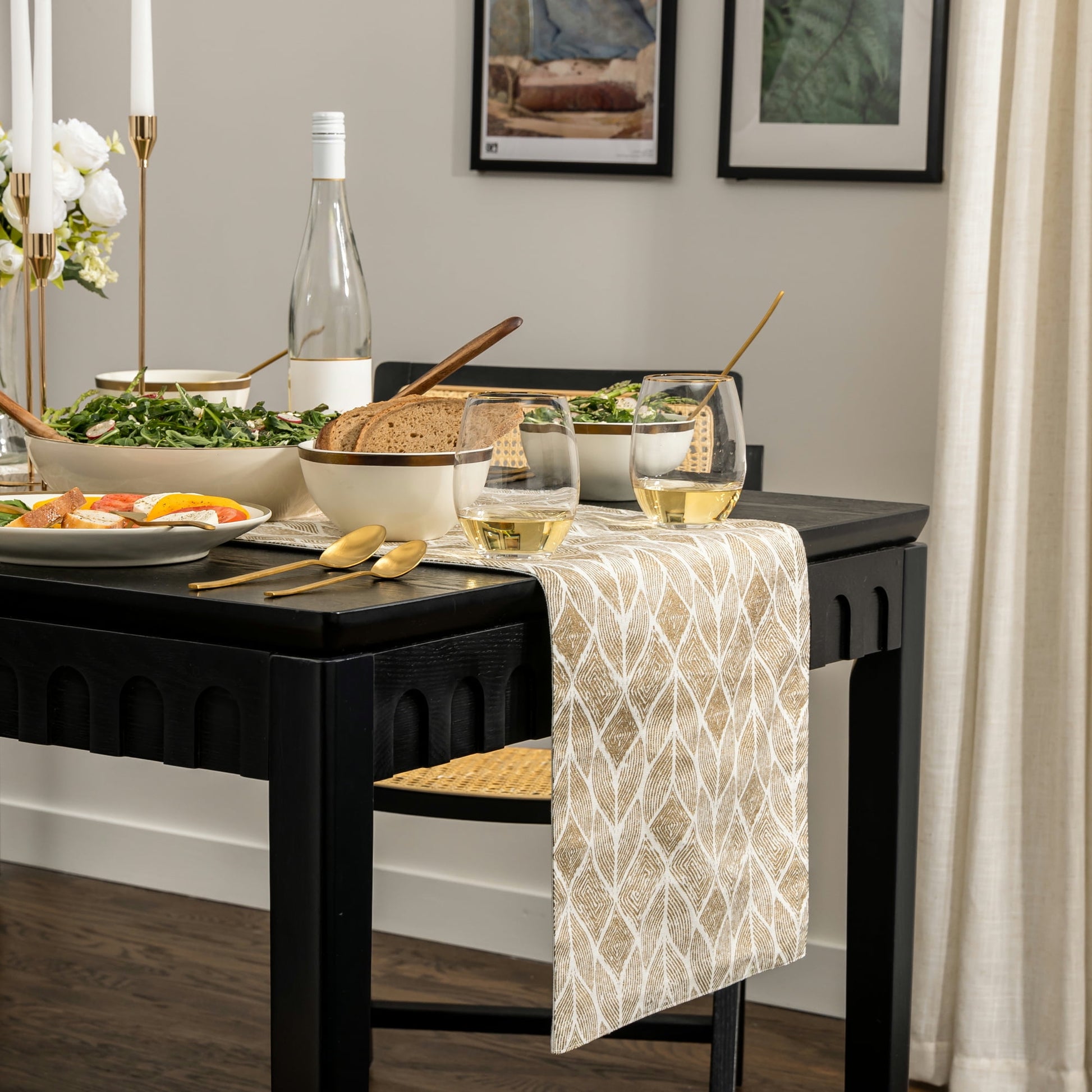 Thyme & Table Table Runner, Ivory with Gold Leaf Pattern, 14 x 72"