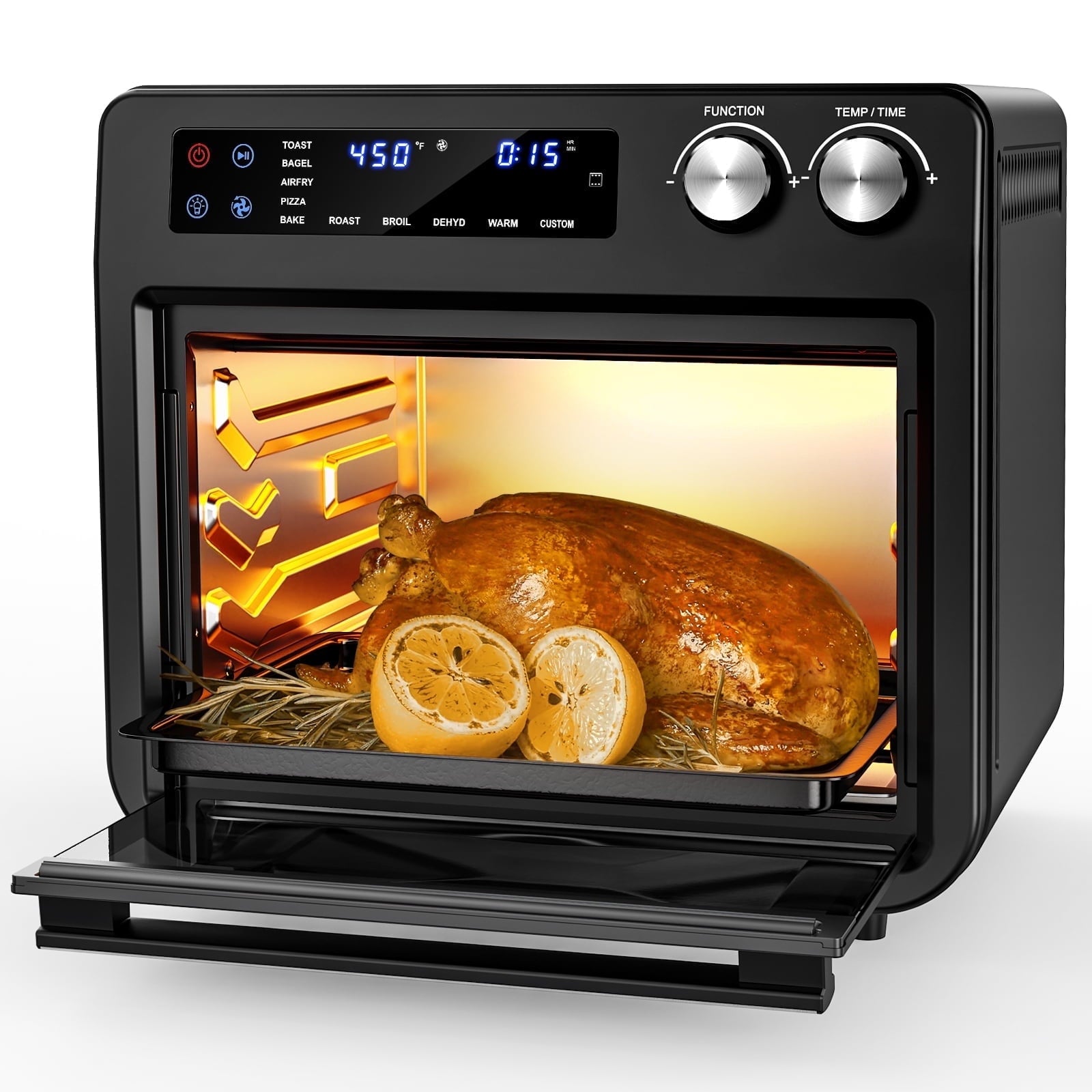 26QT Air Fryer Oven,Oil-Less Digital Touchscreen Toaster Oven with 10-in-1 Multi Function&Custom Mode, Visible Window , 1800W,Black