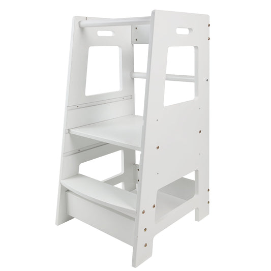 Toddler Standing Tower for Kitchen, Step Stool for Kid's Adjustable Height Learning Stool, Removable Anti-Drop Safety Rail Stool for Bedroom, Bathroom, White