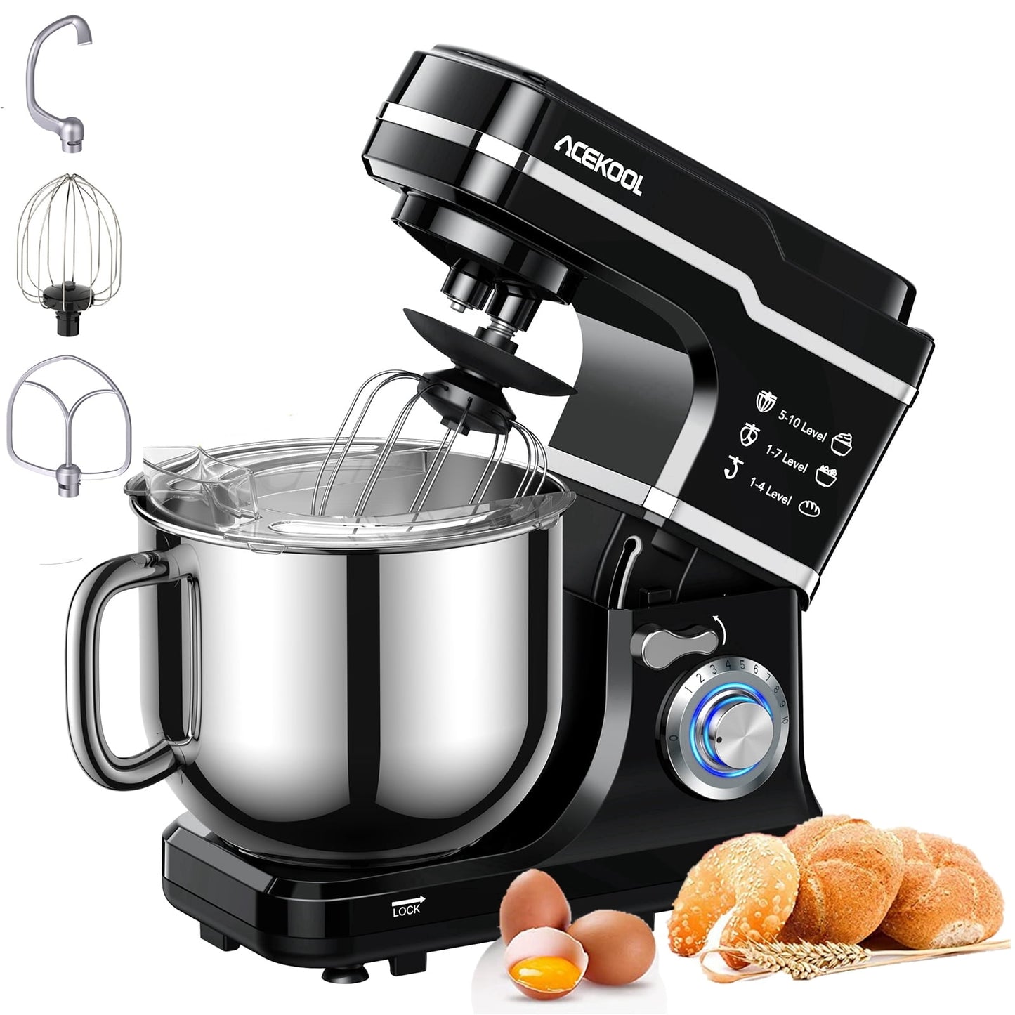 Towallmark Tilt-Head Stand Mixer 7.5 Qt 6 Speed 660w With Dough Hook, Whisk And Whisk Silver Stainless Steel Bowl, Black