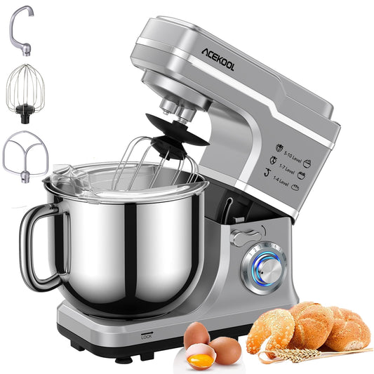 Towallmark Tilt-head Stand Mixer 7.5 Qt 6 Speed 660W with dough hook, whisk and whisk Silver stainless steel bowl, silver
