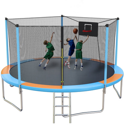 Trampoline with Enclosure, SEGMART Upgraded 14FT Kids Outdoor Trampoline with Basketball Hoop and Ladder, Heavy Duty Round Trampoline for Indoor Outdoor Backyard