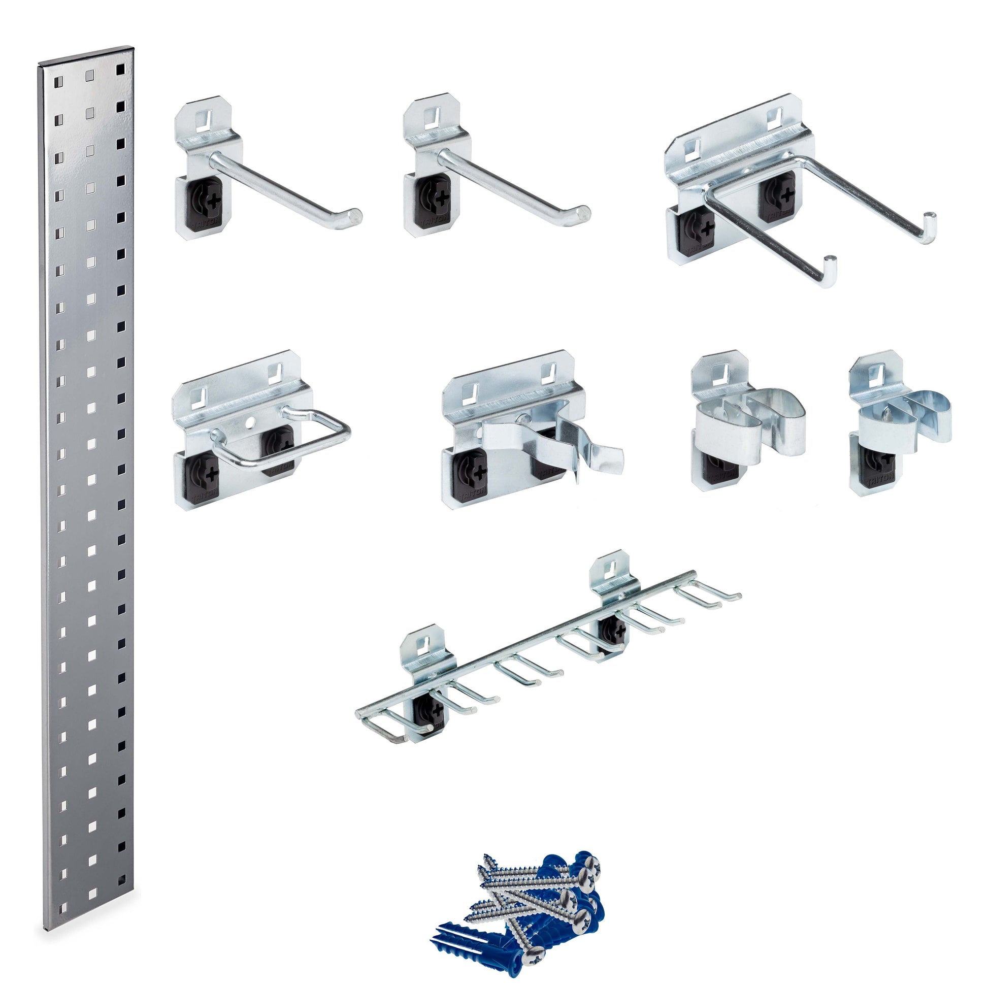 Triton ProductsÂ® Silver Tool Pegboard Kit with (1) 36 In. x 4.5 In. 18 Gauge Steel Square Hole Pegboard and 8 pc LocHook Assortment