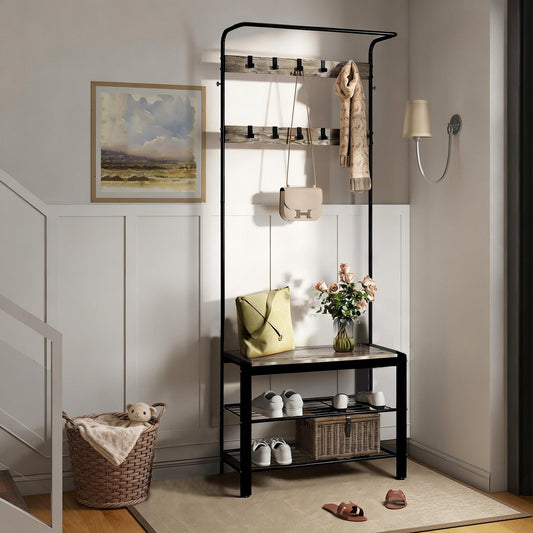 TrumanPick 4-in-1 Coat Rack, Hall Tree with Bench and Shoe Storage, Entryway Bench with Coat Rack, with 9 Removable Hooks & Hanging Rod, 13.3 x 28.3 x 72.1 Inches, Brown
