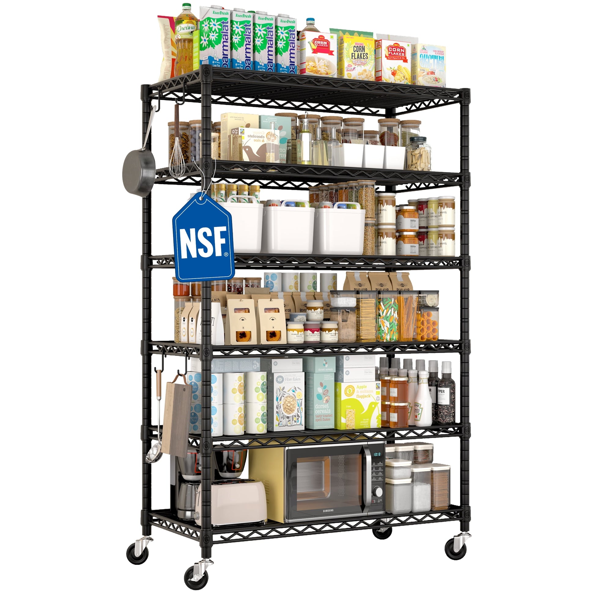 TrumanPick 5-Tier Wire Shelving Unit with Wheels, Meal Storage Shelves for Kitchen Living Room, Heavy Duty Garage Shelving & Wire Rack 36"W x 14"D x 71"H, Black
