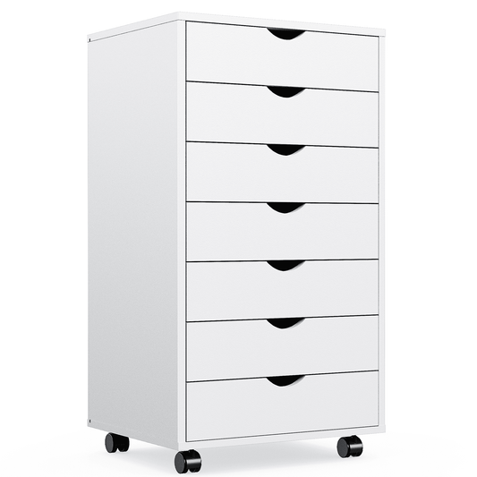 TrumanPick White Chest of Dresser with Wheels, 7 Drawer Dressers for Bedroom Storage Cabinets Wooden Dresser Mobile Cabinet Room Organizer, 18.7"D x 15.7"W x 34.2"H