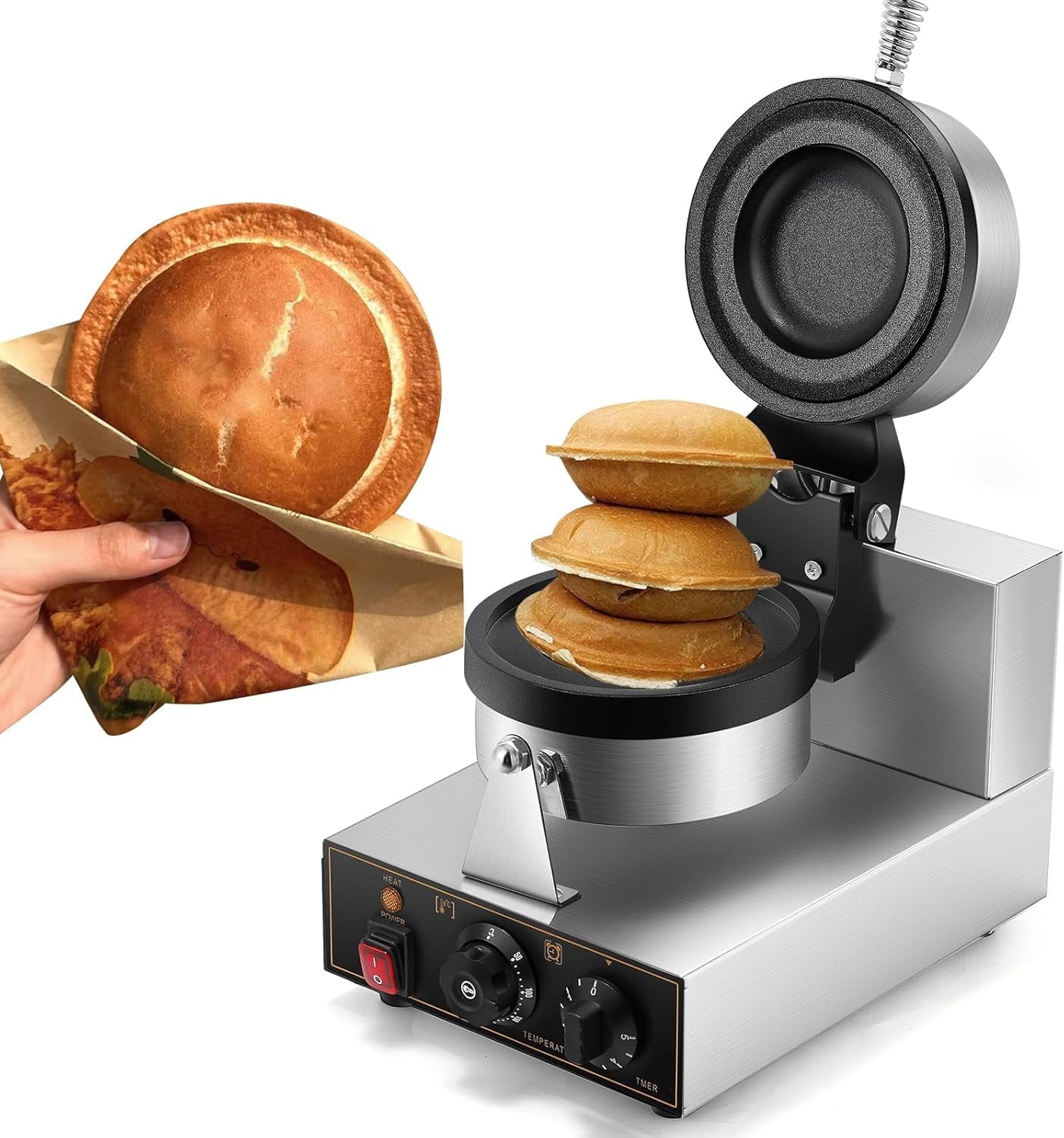 Trumoontree Burger Waffle Maker, Ice Cream Burger Maker, Commercial Nonstick Plates Waffle Burger Maker Machine, Temp and Time Control, 110V