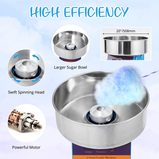 Tuekys Commercial Cotton Candy Machine, 1030W Electric Candy Floss Maker, with Stainless Steel Bowl and Sugar Scoop, Cotton Candy Maker