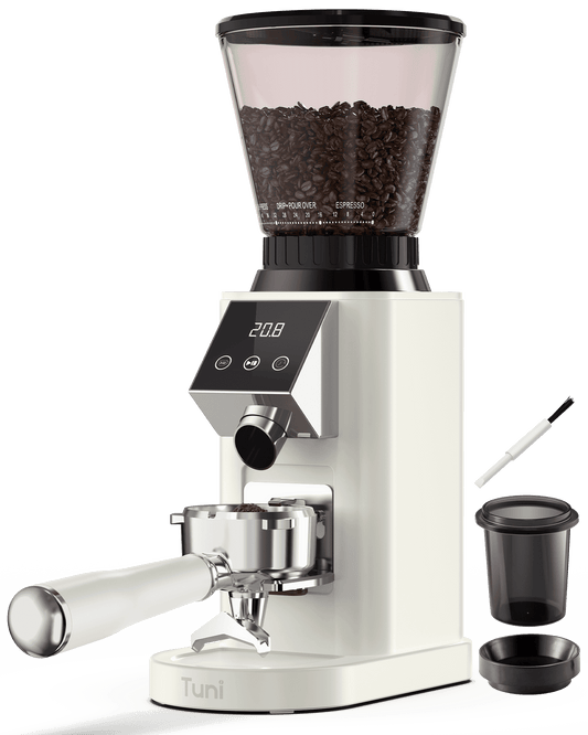 Tuni G1 Conical Burr Coffee Grinder, 48 Grind Settings Anti-static Burr Mill, Precision Electronic Timer and LED Touchscreen for Espresso/Drip/Cold Brew/French Press, Stainless Steel, Ivory