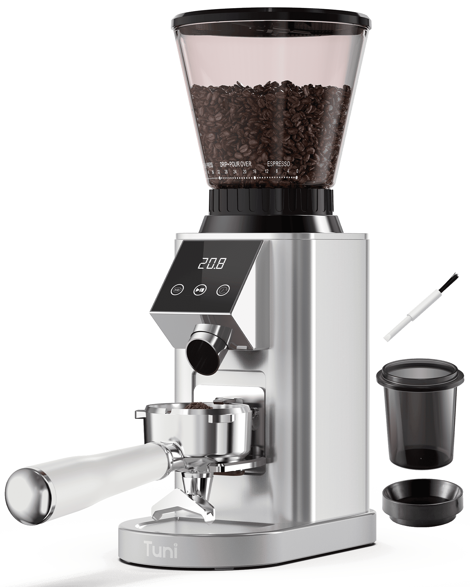 Tuni G1 Conical Burr Coffee Grinder, 48 Grind Settings Anti-static Burr Mill, Precision Electronic Timer and LED Touchscreen for Espresso/Drip/Cold Brew/French Press, Stainless Steel, Silver