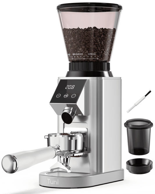 Tuni G1 Conical Burr Coffee Grinder, 48 Grind Settings Anti-static Burr Mill, Precision Electronic Timer and LED Touchscreen for Espresso/Drip/Cold Brew/French Press, Stainless Steel, Silver