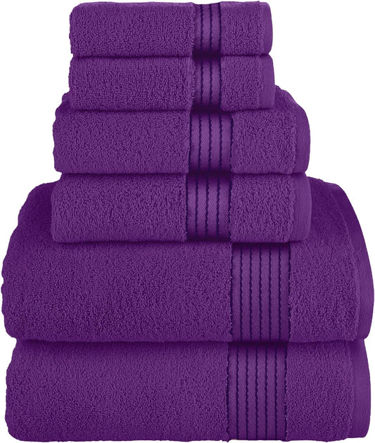 Turkish Linens Luxury Spa and Hotel Quality Premium Cotton 6-Piece Towel Set (2 x Bath Towels, 2 x Hand Towels, 2 x Washcloths), Purple