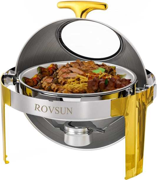 UBesGoo 6 Quart Chafing Dish, Round Food Warmer Chafer Buffet Set for Catering, Gold Accent, for Party Wedding Catering Banquet