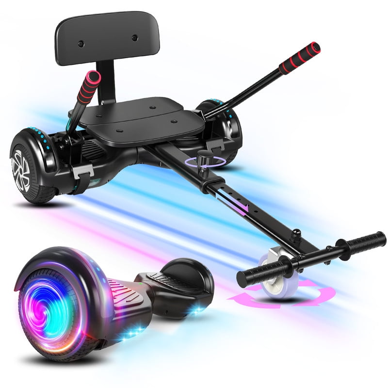 UNI-SUN Hoverboard with Go Kart, Bluetooth Hoverboard with Seat Attachment, 6.5" Wheels, Colorful LED Lights, Black