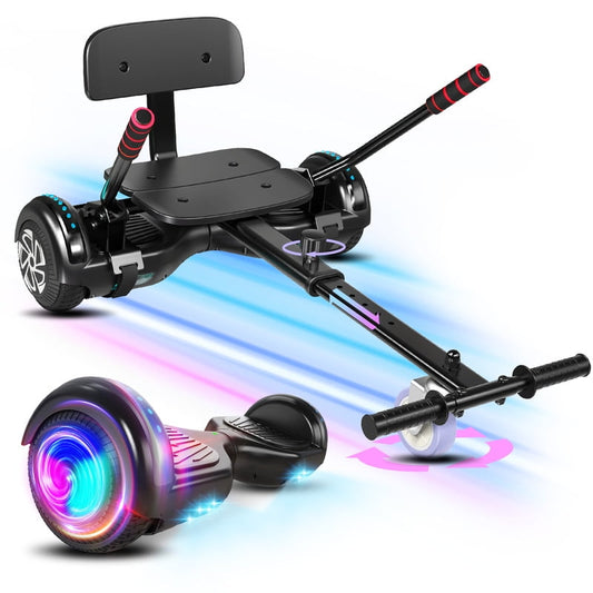 UNI-SUN Hoverboard with Go Kart, Bluetooth Hoverboard with Seat Attachment, 6.5" Wheels, Colorful LED Lights, Black
