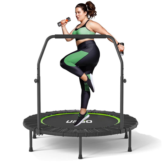 UPGO 550 LBS Foldable Mini Trampoline, 48" Fitness Trampoline with Bungees, U Shape Adjustable Foam Handle, Stable & Quiet Exercise Rebounder for Kids Adults Indoor/Garden Workout