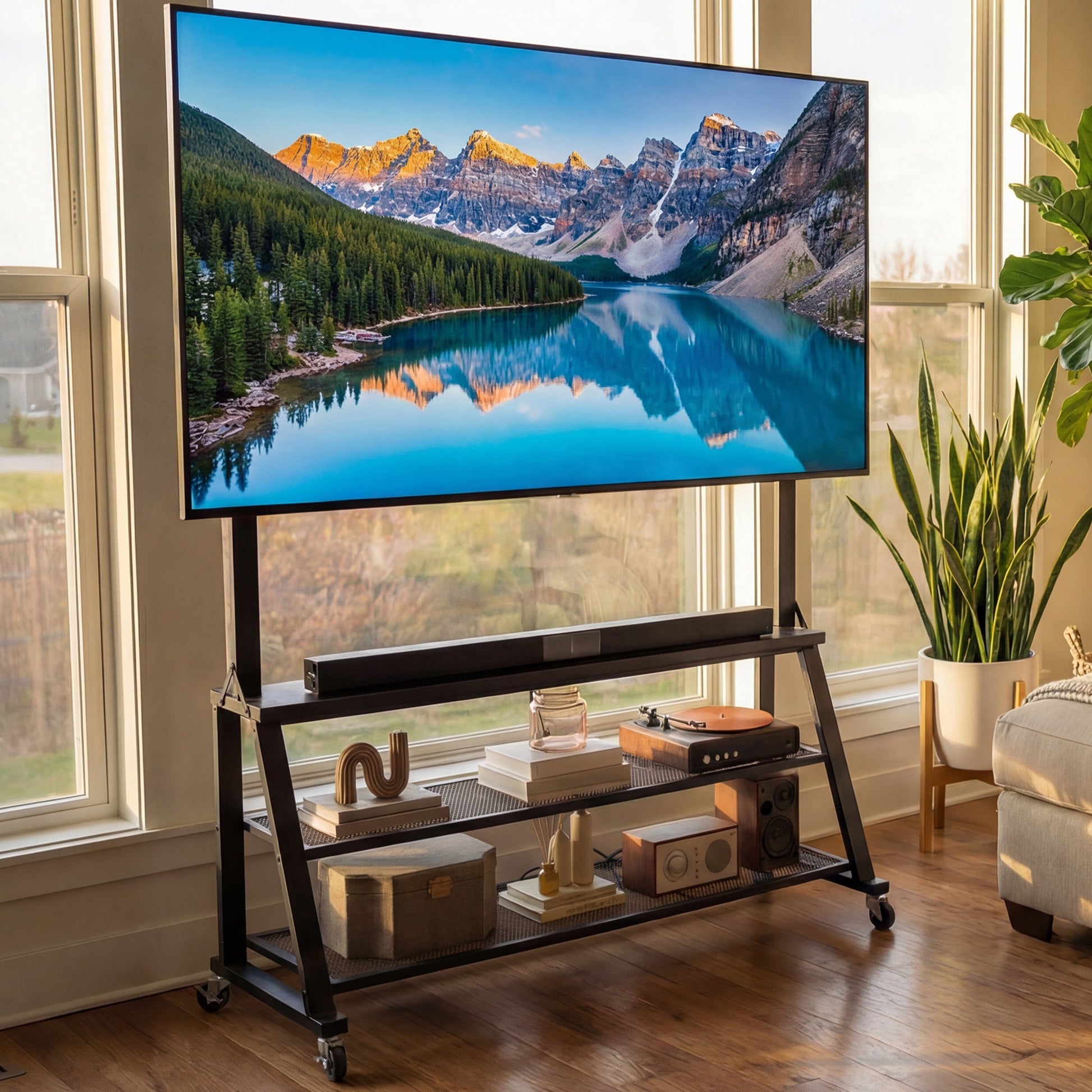 Uforic 46"W Rolling TV Stand with Lockable Wheels & Power Outlets, Mobile Cart for 32-75 Inch TVs, Black Oak