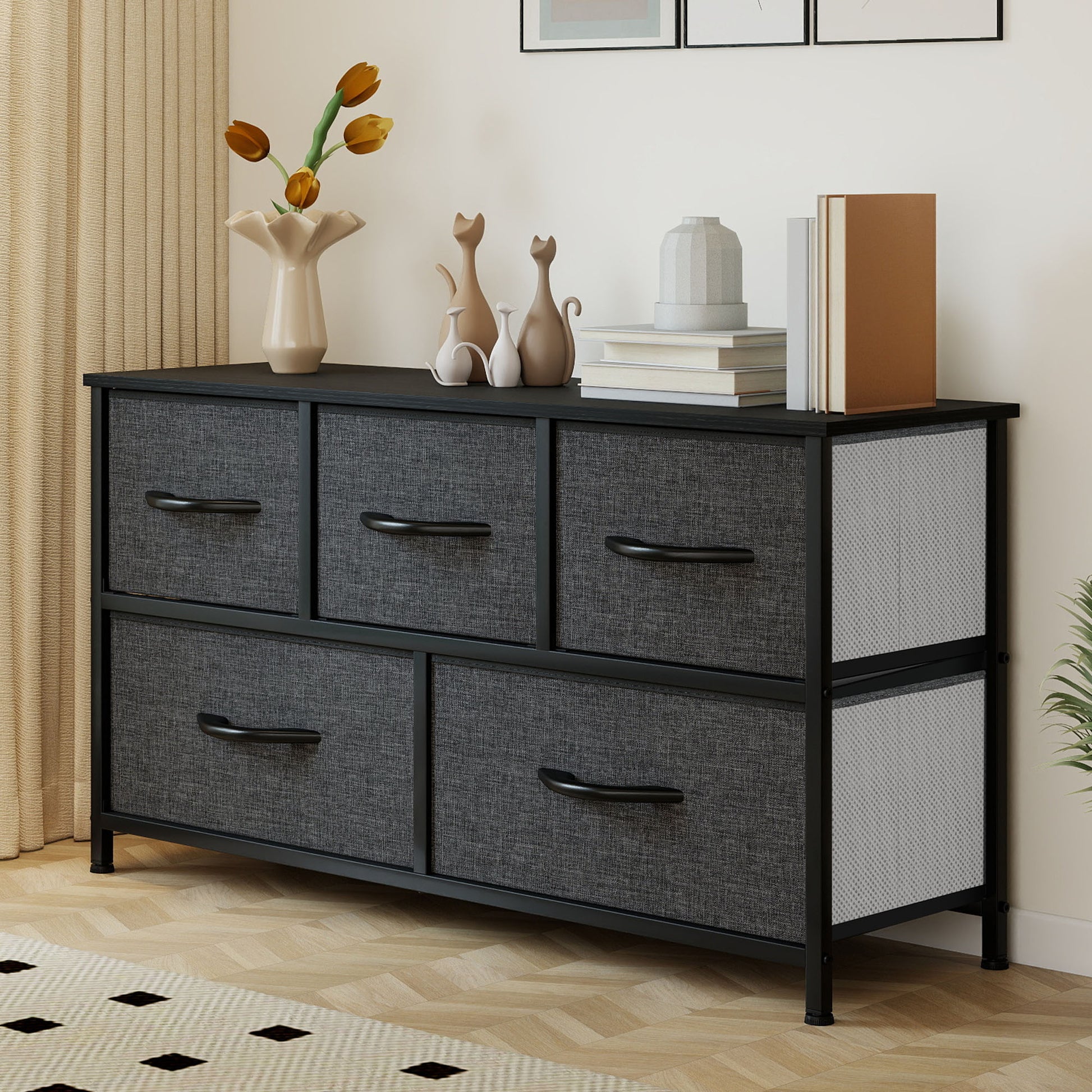 Uforic 5 Drawer Dresser Fabric, Wide Chest Of Drawers With Wood Top for Living Room,,Hallway,Nursery,Black