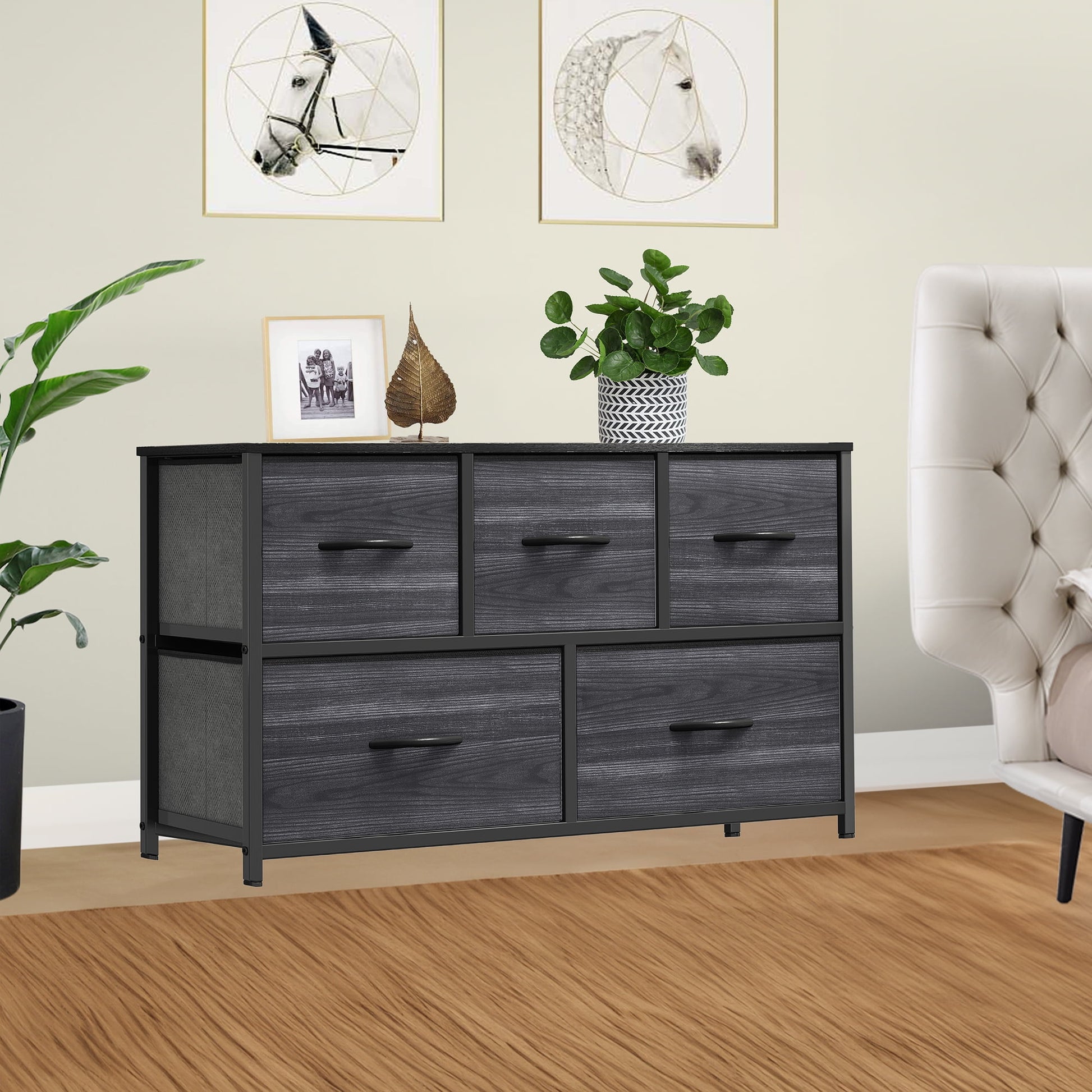 Uforic 5-Drawer Fabric Dresser for Adults, Storage Tower with Steel Frame & Wooden Top, Black