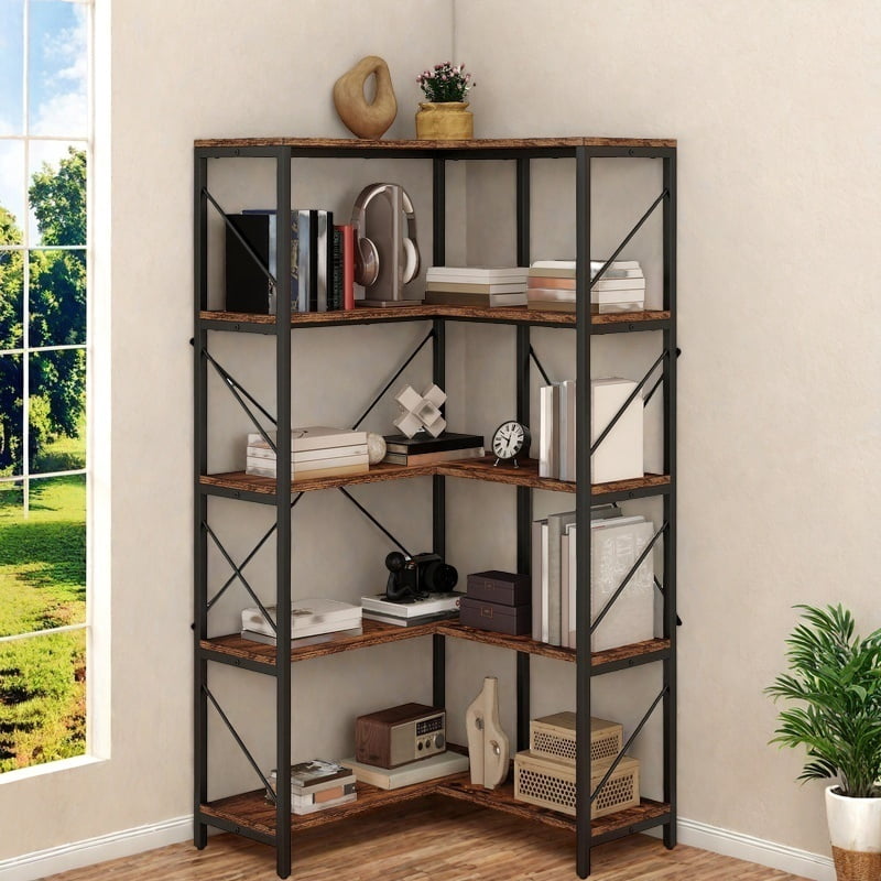 Uforic 5-Tier Corner Bookshelf, Corner Shelf Display Bookcase with Metal Frame for Home Office, Brown