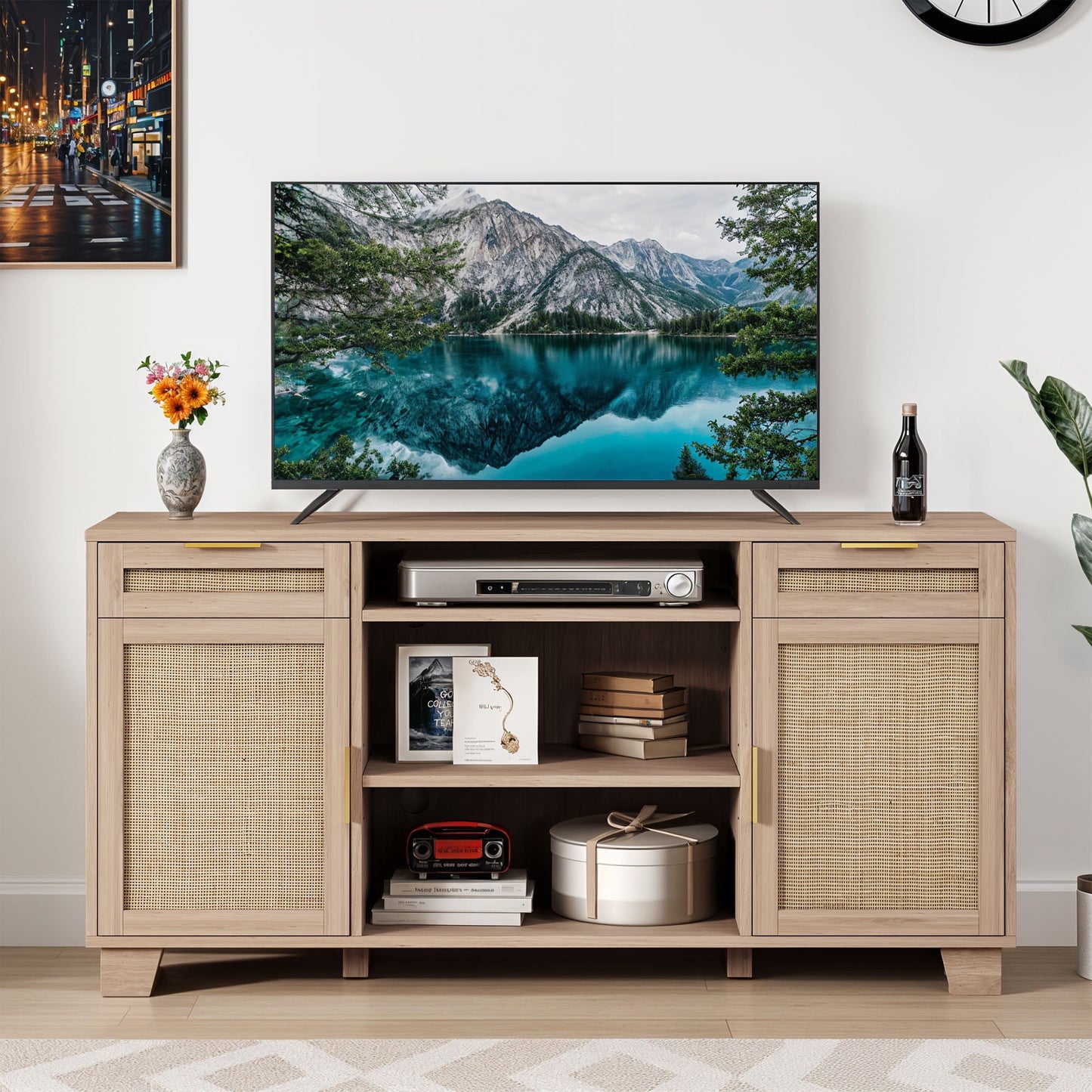 Uforic 58" Wicker Television Stands with 2 Shelves for 55-65 inch TVs, Customizable Shelf Height