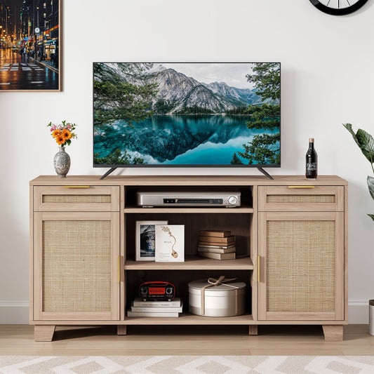 Uforic 58" Wicker Television Stands with 2 Shelves for 55-65 inch TVs, Customizable Shelf Height