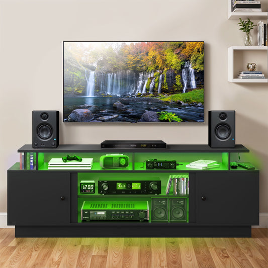 Uforic 70 Inch Modern TV Stand with LED Lights for up to 80 Inch TVs, Living Room Entertainment Center with Light Strip, Storage Cabinets and Adjustable Partition, Black