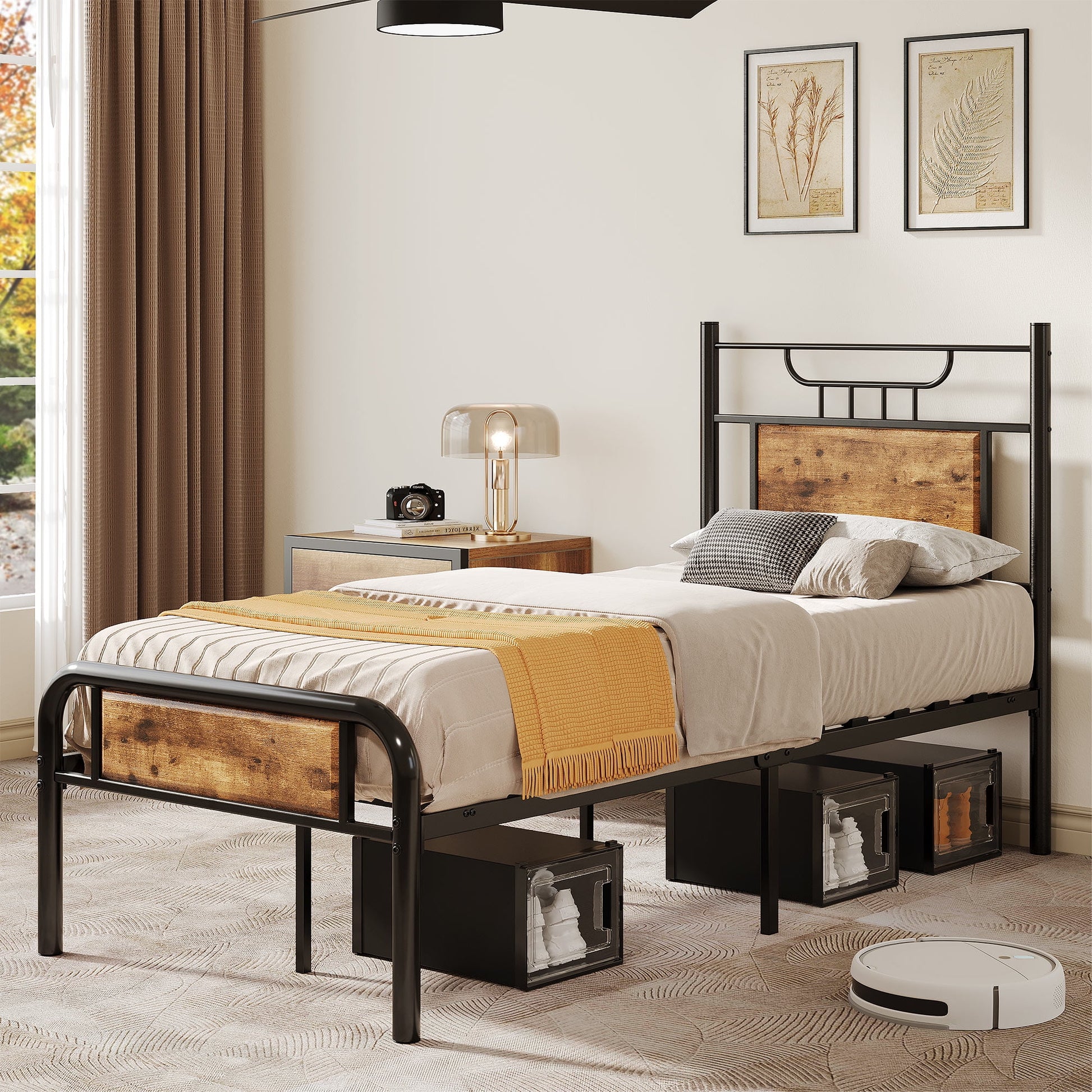 Uforic Farmhouse Twin Size Metal Bed Frame with Headboard & Soundproof Cotton, Black