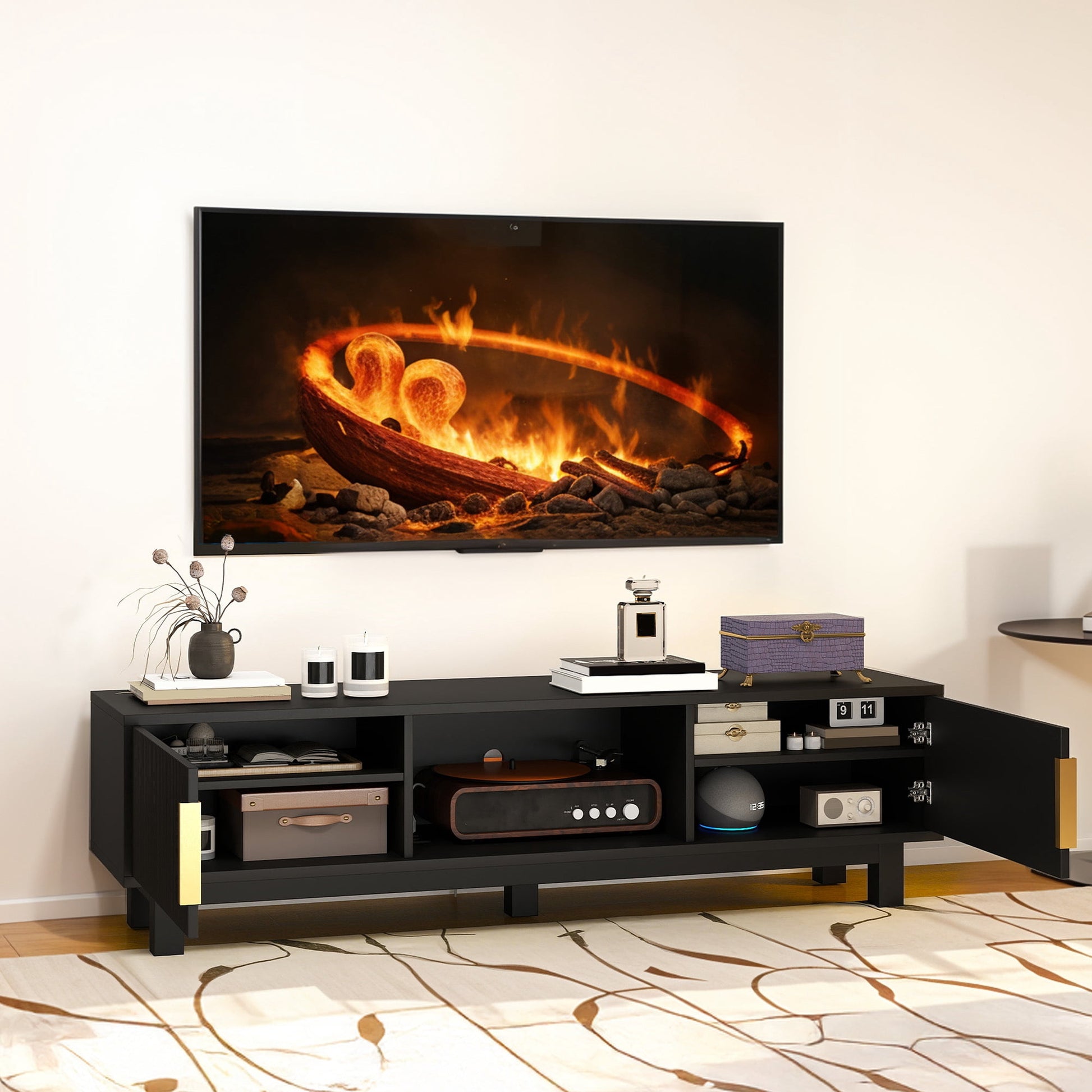 Uforic Fluted TV Stand for Living Room, 59" Mid Century Modern Entertainment Center with Power Outlets & Storage Compartments, Media Console for TVs up to 65 Inch, Black