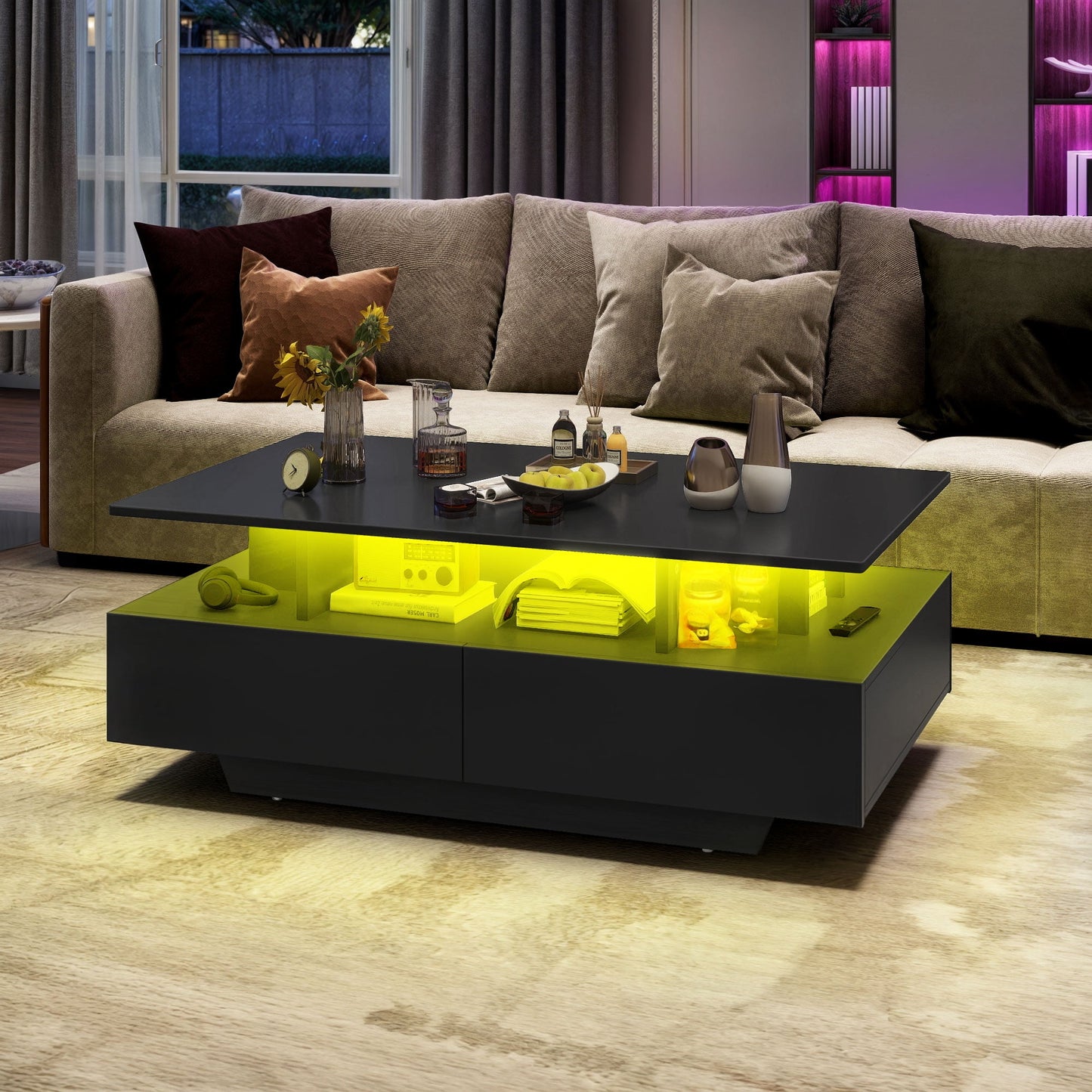 Uforic LED Coffee Table, Modern Center Tables with Storage for Living Room, Gray