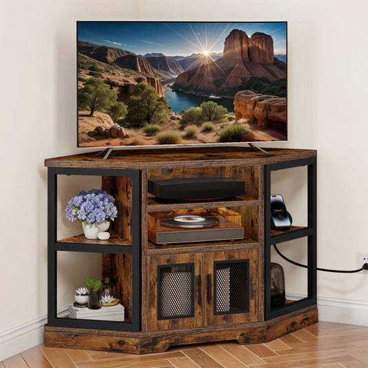 Uforic Modern Corner TV Stand with Adjustable Layer Board, Double Door Mesh Cabinet & 96-Hole Metal Handle, with 2 Outlets 2 USB Ports Power Socket,Brown