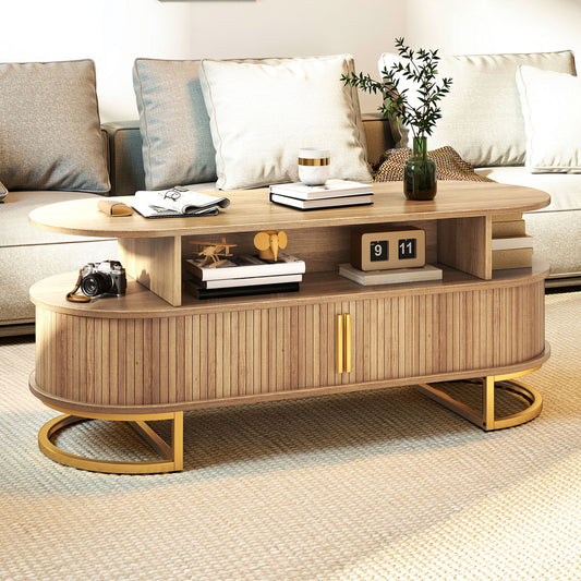 Uforic Oval Coffee Table with Storage & Fluted Sliding Doors for Living Room, Oak