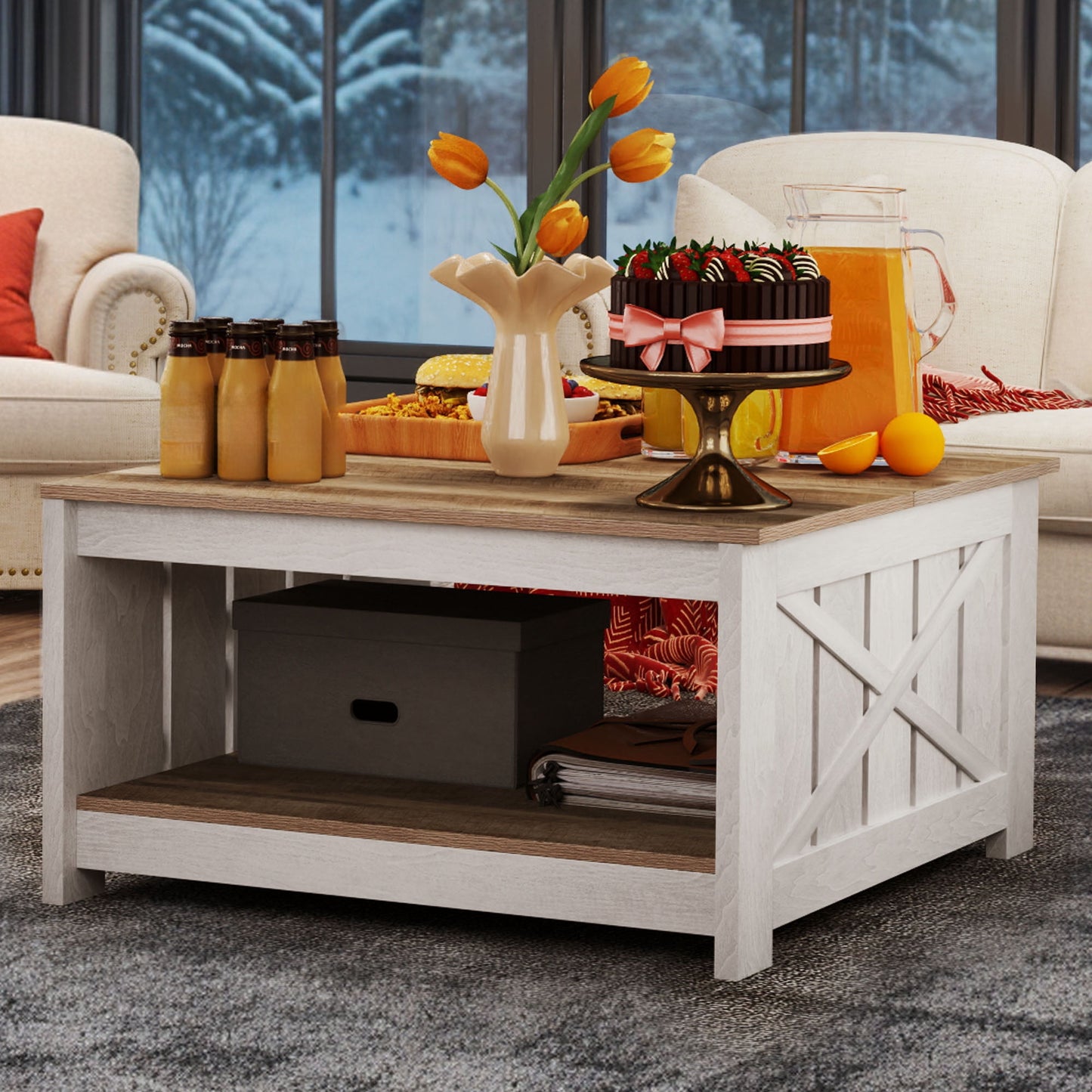 Uforic Rustic Farmhouse Coffee Table with Half-Open Storage, Square Rustic Wood Cocktail Table for Living Room, Grey Wash