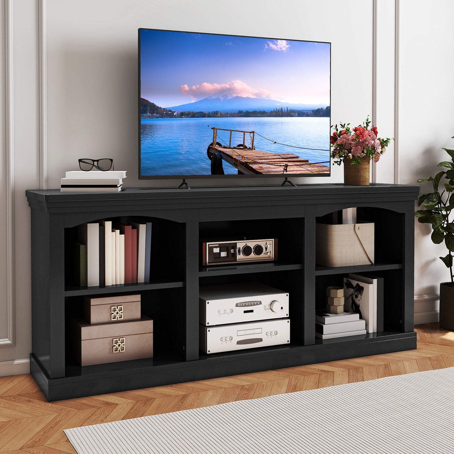 Uforic TV Stand for 80 Inches TV, Farmhouse Entertainment Center with Adjustable Shelf & Storage Cabinets, Black
