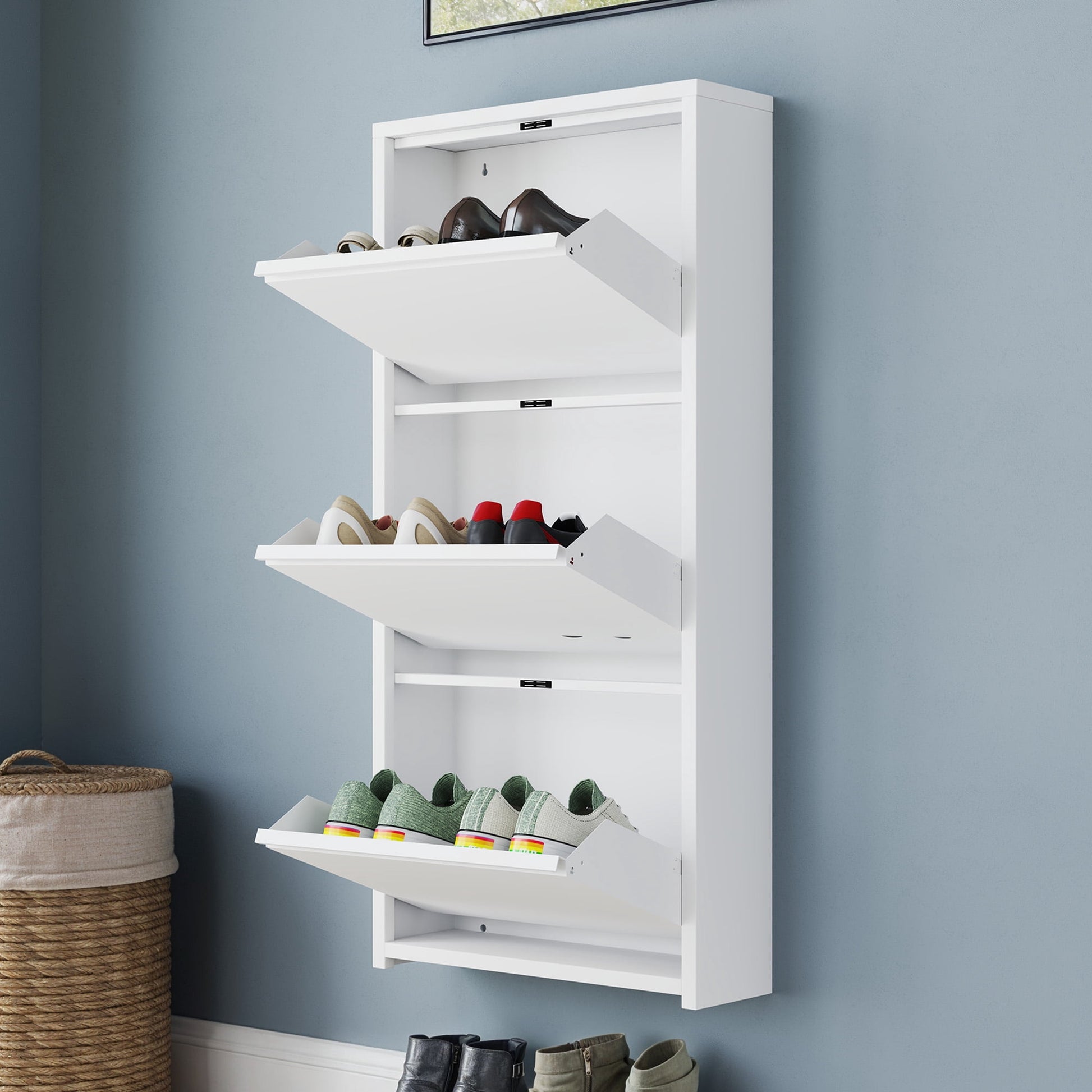 Uforic Wall Mounted & No-Assembly Steel Shoe Storage Cabinet with 3 Flip Magnetic Gooseneck Drawer for Entryway, Hallway, White