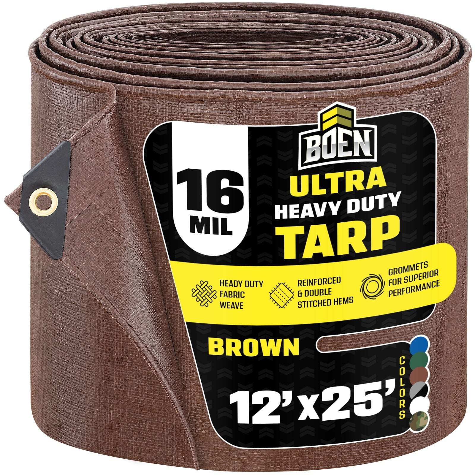 BOEN Ultra Heavy-Duty Tarp, 12 ft x 25 ft, 16 Mil Thick, Brown, Waterproof