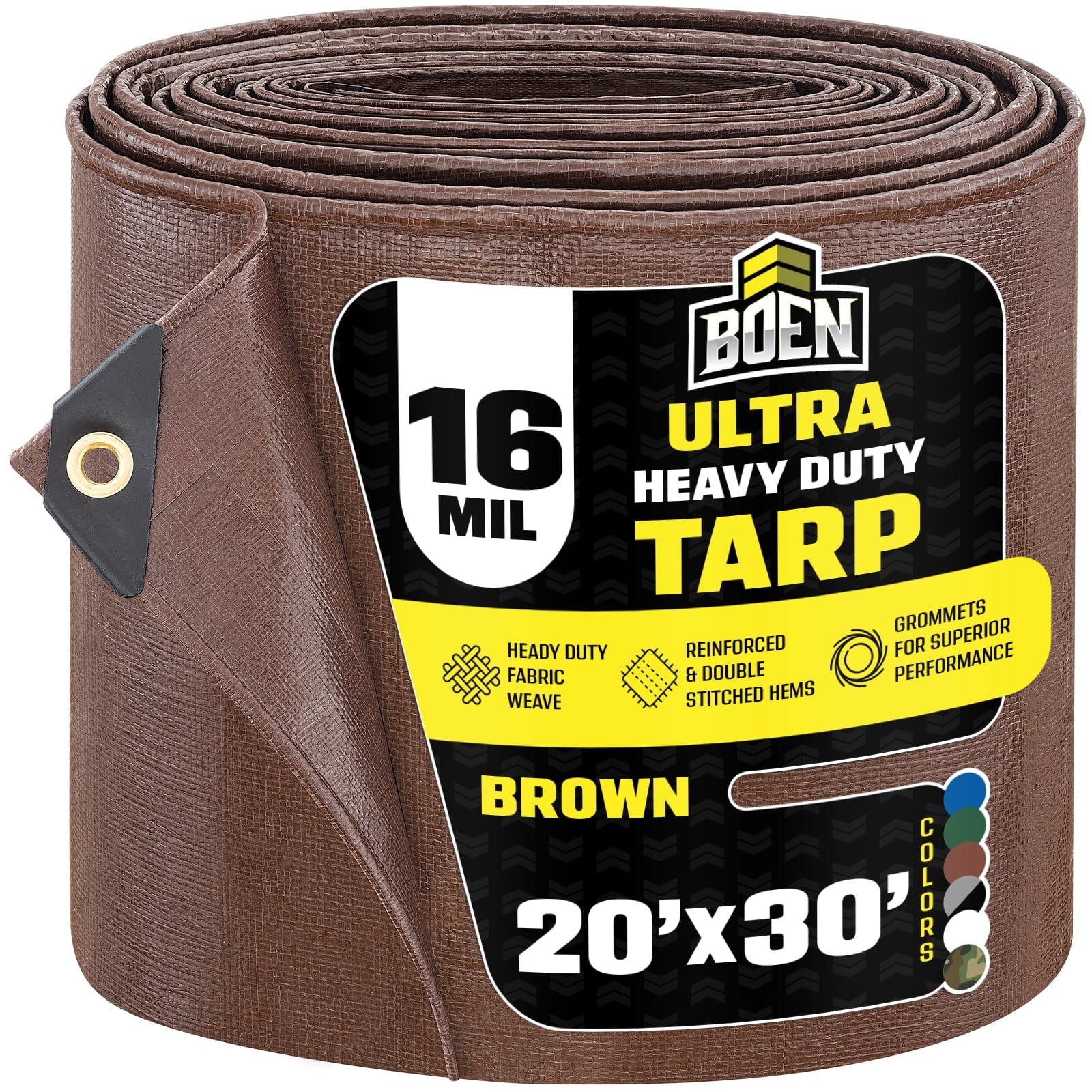 BOEN Ultra Heavy-Duty Tarp, 20 ft x 30 ft, 16 Mil Thick, Brown, Waterproof