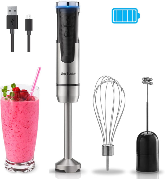 Unbranded Cordless Hand Blender, Immersion Blender Handheld USB Rechargeable 8 Variable Speeds with Whisk, Milk Frother Attachments, Portable Stick mixed for Milkshakes, Smoothies & Soups.