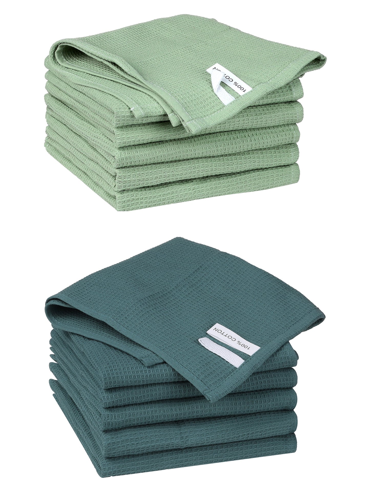Unique Bargains 12 Pack Cotton Waffle Weave Cleaning Clothes Reusable Kitchen Towels Dark Green/Light Green 14" x 14"