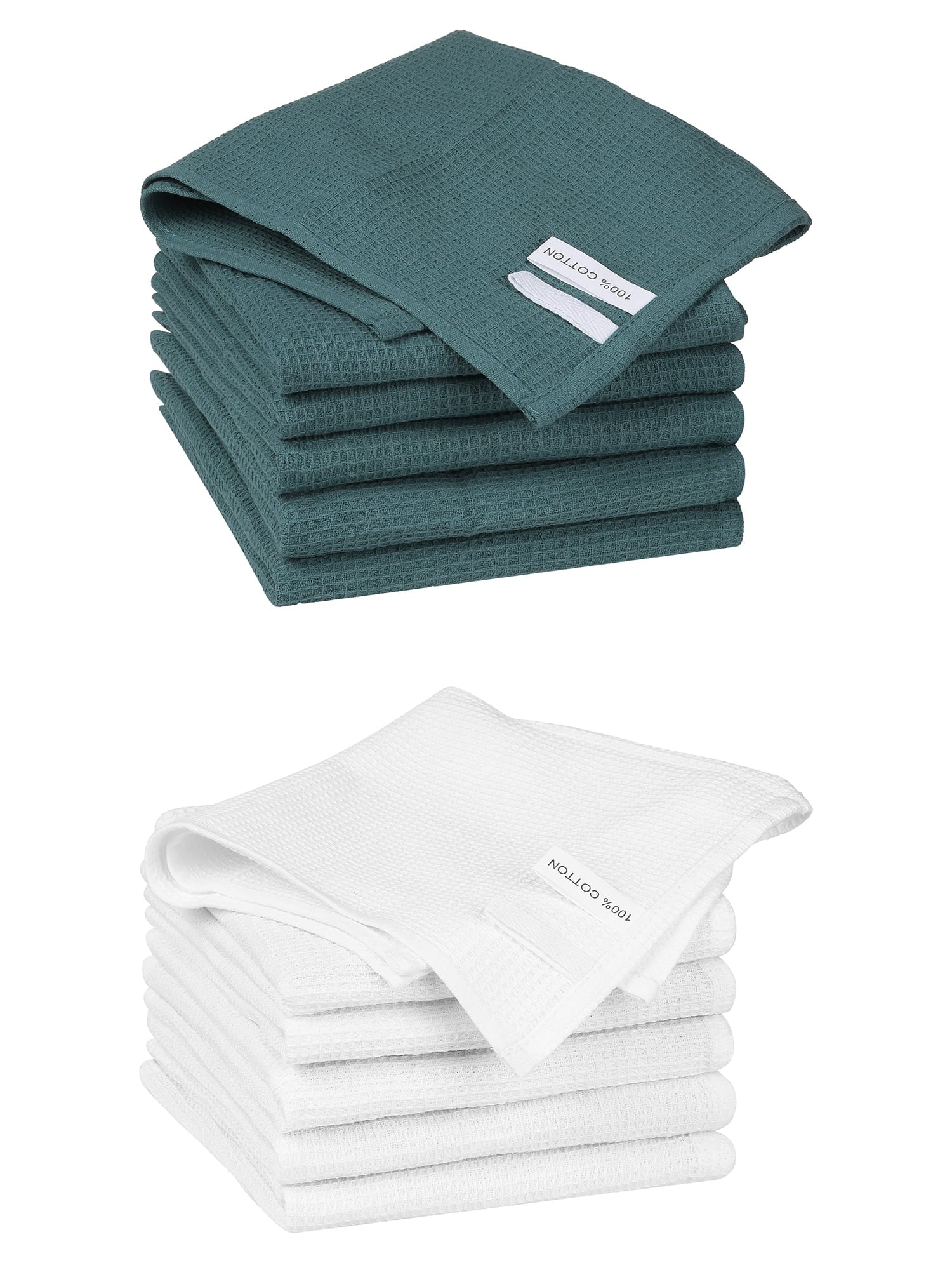 Unique Bargains 12 Pack Cotton Waffle Weave Cleaning Clothes Reusable Kitchen Towels Dark Green/White 14" x 14"