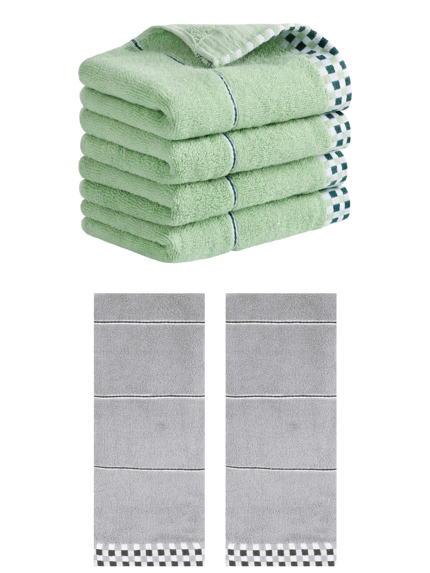 Unique Bargains 14" x 30" Striped Checked Hand Towels Grey/Light Green 6
