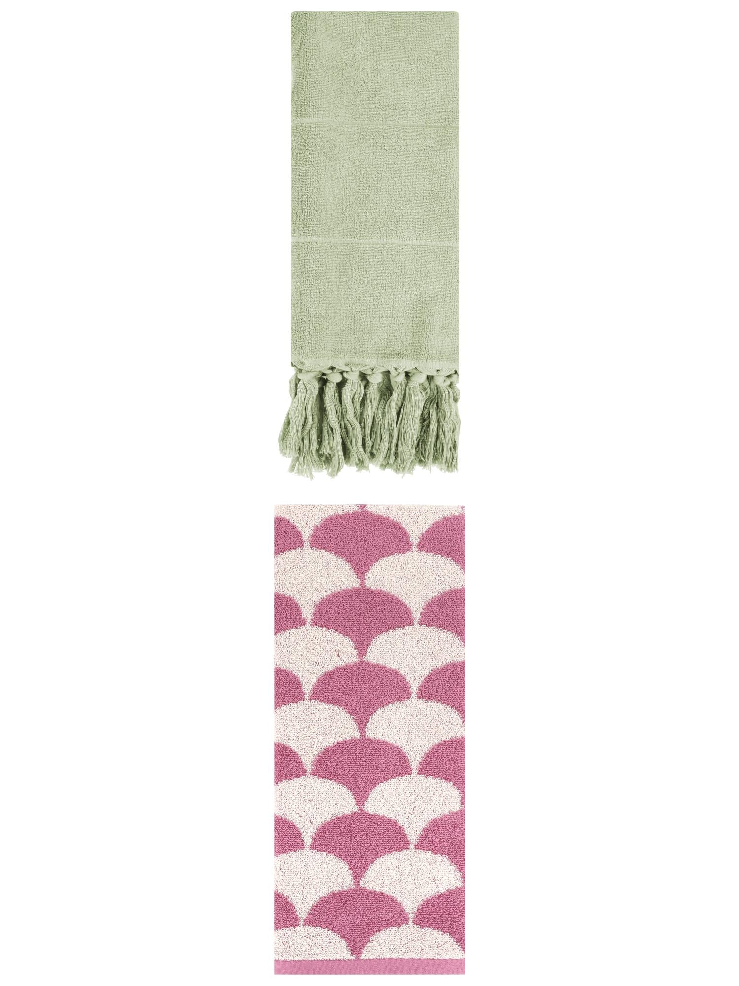 Unique Bargains 2 Pack Cotton Geometric Hand Towels Green/Pink 14"x30"/13"x29"