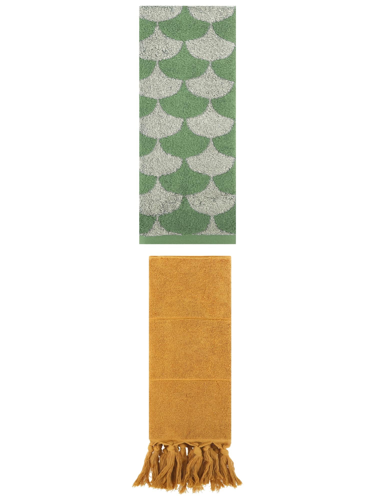 Unique Bargains 2 Pack Cotton Geometric Hand Towels Yellow/Green 14"x30"/13"x29"