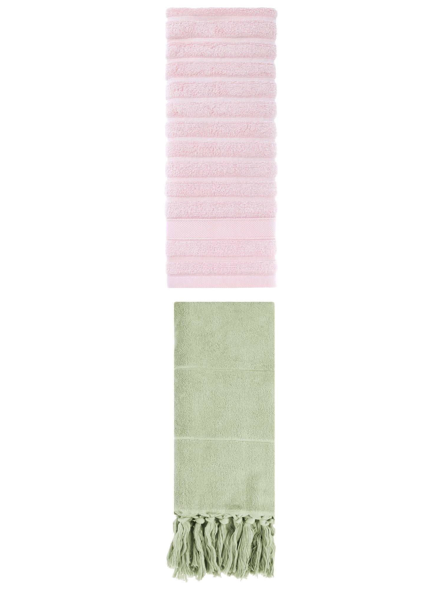 Unique Bargains 2 Pack Solid Absorbent Soft Cotton Hand Towels 14" x 30" Green/Pink