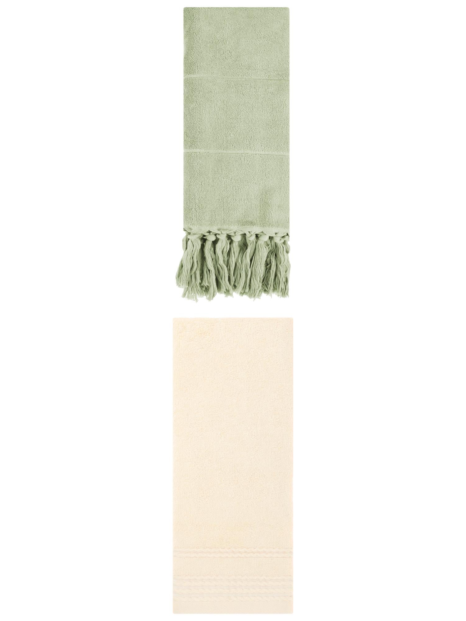 Unique Bargains 2 Pack Striped Tassels Hand Towels for Bathroom 14" x 30" Green/Beige