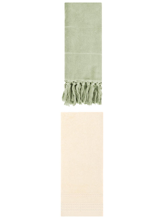 Unique Bargains 2 Pack Striped Tassels Hand Towels for Bathroom 14" x 30" Green/Beige