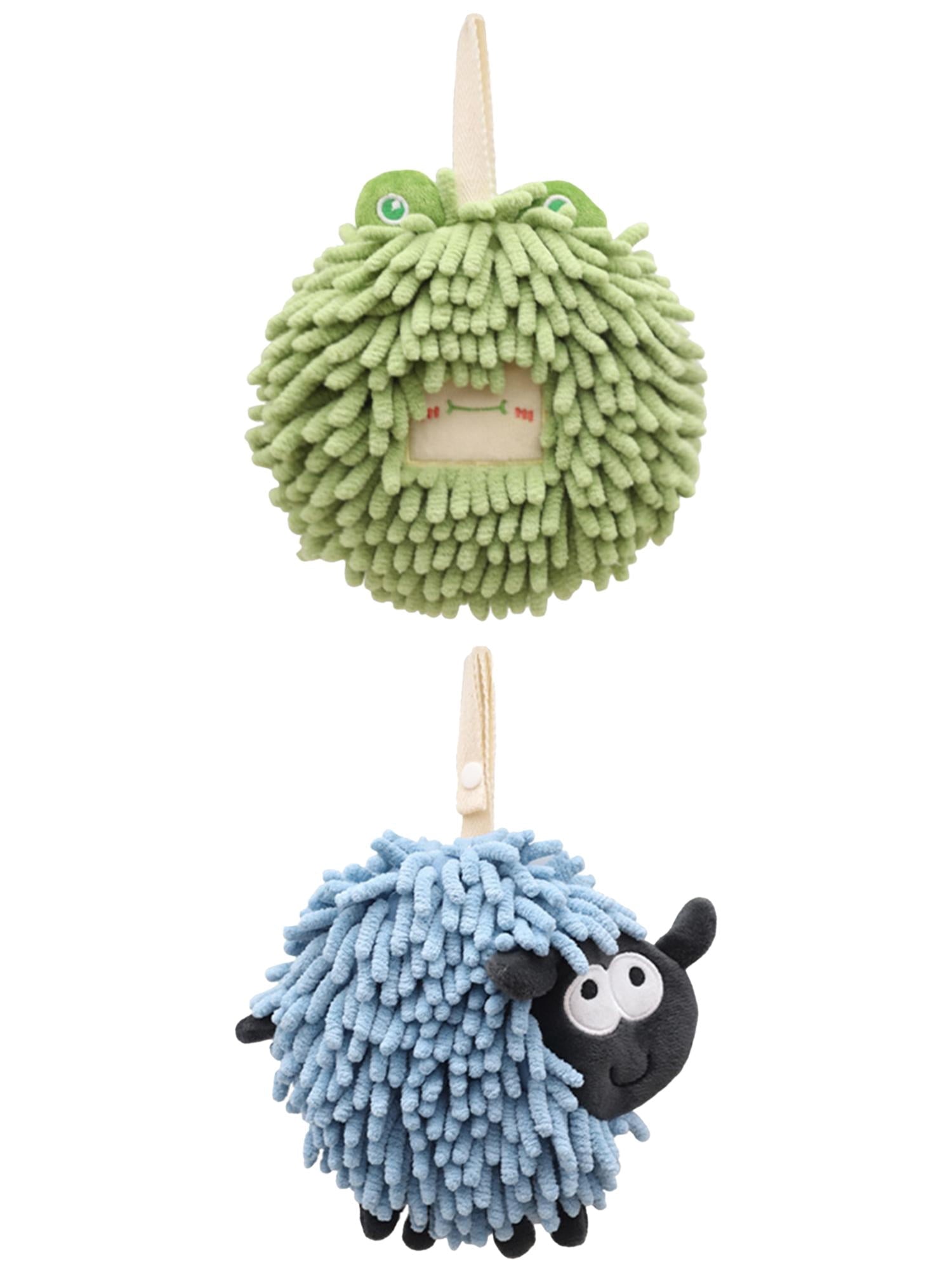 Unique Bargains 2 Packs Cute Chenille Fuzzy Ball Hand Towels 7" x 7" Green/Blue